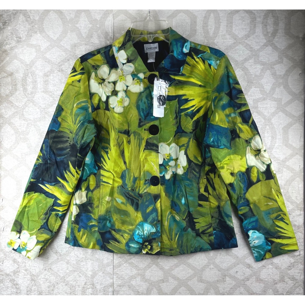 Chico's Fleur Dreams Macayla Jacket Bondi Floral Blazer Women 1 Medium Green NWT